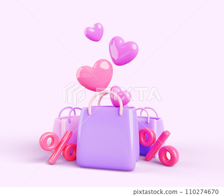Shopping bags with flying hearts and percent sign 3d render. Discount offer banner with gift packages. Festive promotion with present or surprise for client, sale with love symbol. 3D illustration Shopping bags with flying hearts and percent sign 3d render. Discount offer banner with gift packages. Festive promotion with present or surprise for client, sale with love symbol. 3D illustration 110274670