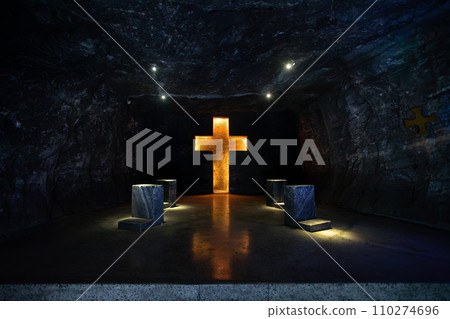 Magnificent cross glows with spiritual light in famous underground Catedral de Sal (Salt Cathedral) of Zipaquira, Colombia Magnificent cross glows with spiritual light in famous underground Catedral de Sal (Salt Cathedral) of Zipaquira, Colombia 110274696