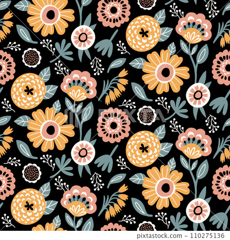 Floral Seamless Pattern of Flowers and Leaves in five Colors Yellow, White, Pink Peach, Grey Green on Black Backdrop, Wallpaper Design for Textiles, Papers Prints, Fashion Backgrounds, Beauty Products Floral Seamless Pattern of Flowers and Leaves in five Colors Yellow, White, Pink Peach, Grey Green on Black Backdrop, Wallpaper Design for Textiles, Papers Prints, Fashion Backgrounds, Beauty Products 110275136