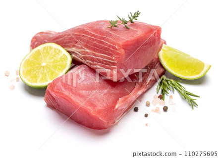 Fresh tuna Fish steak isolated on a white background 110275695