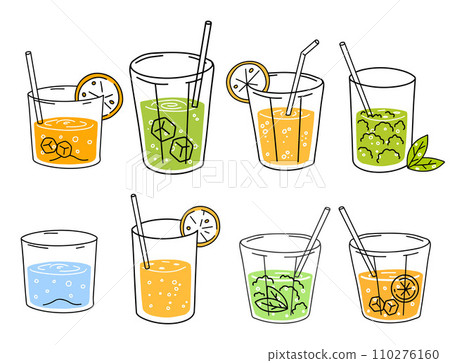 Orange juice, water and mojito. Glass of fresh drink. Thirst quenching and summer cocktail. Trendy outline cartoon 110276160