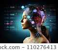 Profile of a woman with a digital neural network overlay symbolizing artificial intelligence and cognitive processes against a dark background 110276413