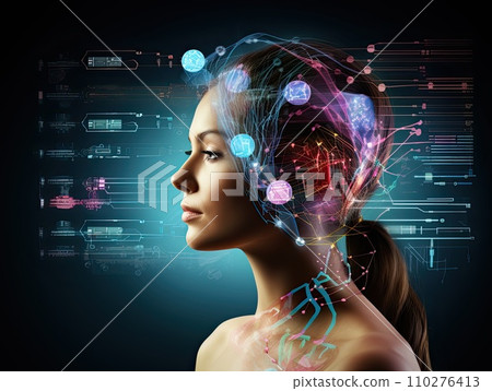 Profile of a woman with a digital neural network overlay symbolizing artificial intelligence and cognitive processes against a dark background Profile of a woman with a digital neural network overlay symbolizing artificial intelligence and cognitive processes against a dark background 110276413