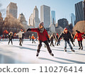A group of cheerful senior multi-ethnic friends men and women enjoy ice skating in a city park rink with skyscrapers in the background 110276414