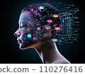 Profile of a woman with a digital neural network overlay symbolizing artificial intelligence and cognitive processes against a dark background 110276416