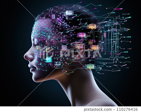Profile of a woman with a digital neural network overlay symbolizing artificial intelligence and cognitive processes against a dark background 110276416