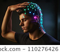A contemplative young man with a glowing neural network graphic on his head, illustrating concepts of mental connectivity and brain function 110276426