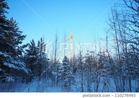 Creation of a new property in a deserted place, far from the city center. Pine winter forest. Lifting construction crane against the blue sky. The city's attack on the forest and nature. Ecology Creation of a new property in a deserted place, far from the city center. Pine winter forest. Lifting construction crane against the blue sky. The city's attack on the forest and nature. Ecology 110276993
