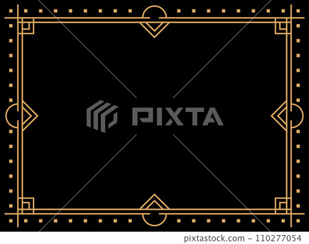 Art deco frame. Vintage linear border. Design a template for invitations, leaflets and greeting cards. Geometric golden frame. The style of the 1920s - 1930s. Vector illustration Art deco frame. Vintage linear border. Design a template for invitations, leaflets and greeting cards. Geometric golden frame. The style of the 1920s - 1930s. Vector illustration 110277054