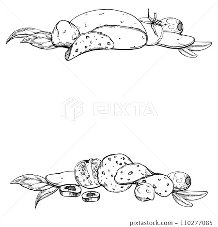 Hand drawn vector ink illustration. Pizza ingredients mozzarella cheese pepperoni tomato basil herb. Square frame isolated on white. Design restaurant, menu, cafe, food shop or package, flyer, print. Hand drawn vector ink illustration. Pizza ingredients mozzarella cheese pepperoni tomato basil herb. Square frame isolated on white. Design restaurant, menu, cafe, food shop or package, flyer, print. 110277085