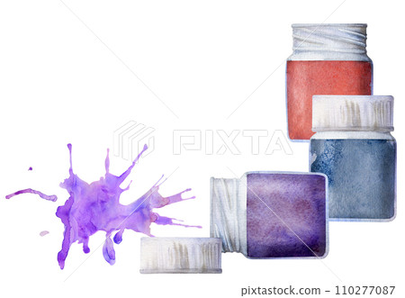Watercolor hand drawn illustration, kids children paint materials supplies, gouache ink acrylic with splashes. Composition isolated on white. For school, kindergarten, party, cards, website, shop 110277087