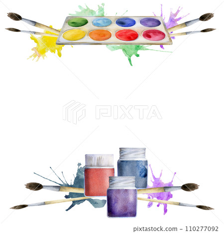 Watercolor hand drawn illustration, kids children painting materials supplies, paint palette, brushes, color splashes. Square frame isolated on white. For school, kindergarten, party, cards, website 110277092