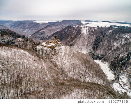 aerial view rock with medieval castle Ehrenburg near moselle river Brodenbach white winter snow wonderland forest hills aerial view rock with medieval castle Ehrenburg near moselle river Brodenbach white winter snow wonderland forest hills 110277156