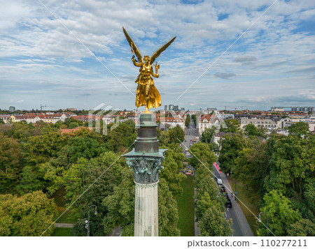 aerial golden peace angel Friedensengel in Muenchen City Statue Munich fountain aerial golden peace angel Friedensengel in Muenchen City Statue Munich fountain 110277211