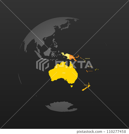 Political map of Australia. Yellow colored land with country name labels on dark gray background. Ortographic projection. Vector illustration Political map of Australia. Yellow colored land with country name labels on dark gray background. Ortographic projection. Vector illustration 110277458