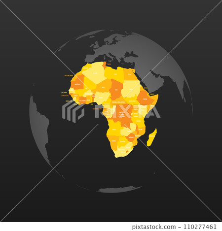 Political map of Africa. Yellow colored land with country name labels on dark gray background. Ortographic projection. Vector illustration Political map of Africa. Yellow colored land with country name labels on dark gray background. Ortographic projection. Vector illustration 110277461