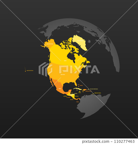 Political map of North America. Yellow colored land with country name labels on dark gray background. Ortographic projection. Vector illustration Political map of North America. Yellow colored land with country name labels on dark gray background. Ortographic projection. Vector illustration 110277463