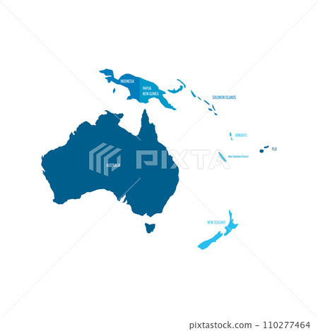 Political map of Australia. Blue colored land with country name labels on white background. Ortographic projection. Vector illustration Political map of Australia. Blue colored land with country name labels on white background. Ortographic projection. Vector illustration 110277464