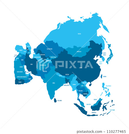 Political map of Asia. Blue colored land with country name labels on white background. Ortographic projection. Vector illustration Political map of Asia. Blue colored land with country name labels on white background. Ortographic projection. Vector illustration 110277465