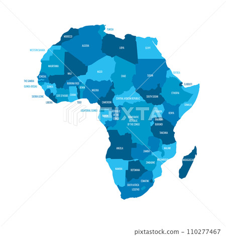 Political map of Africa. Blue colored land with country name labels on white background. Ortographic projection. Vector illustration 110277467