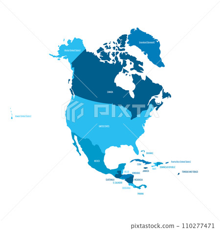 Political map of North America. Blue colored land with country name labels on white background. Ortographic projection. Vector illustration Political map of North America. Blue colored land with country name labels on white background. Ortographic projection. Vector illustration 110277471