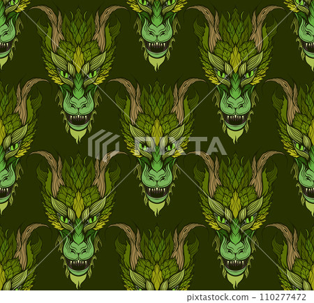 Vector seamless pattern with cartoon roaring dragon on green background. Fantasy texture with New Year symbol Vector seamless pattern with cartoon roaring dragon on green background. Fantasy texture with New Year symbol 110277472