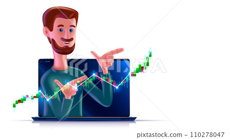 Stock market trader on screen laptop show financial investment graph. 3d vector character of stock exchange trader. 3d cartoon smiling man on screen laptop shows on stock growth chart. Profit chart. Stock market trader on screen laptop show financial investment graph. 3d vector character of stock exchange trader. 3d cartoon smiling man on screen laptop shows on stock growth chart. Profit chart. 110278047