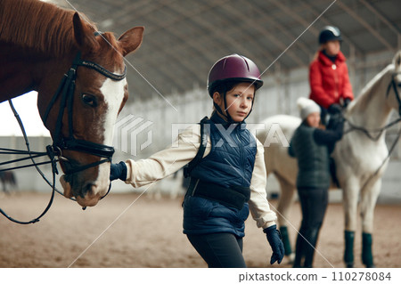 Little girl, kid in helmet holding horse and walking on special arena. Horseback riding course, training for children Little girl, kid in helmet holding horse and walking on special arena. Horseback riding course, training for children 110278084