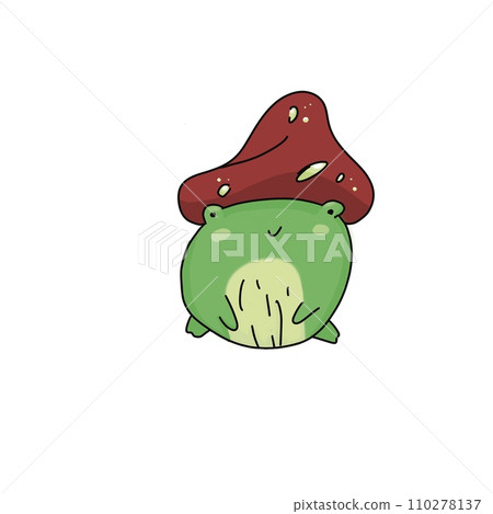 The green toad is smiling, wearing a red mushroom hat on his head. Cartoon character, cute illustration  110278137