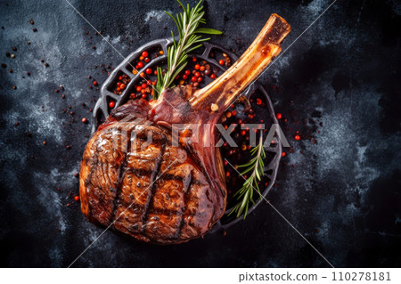 Delicious dry aged grilled steak with seasonings on a black background Delicious dry aged grilled steak with seasonings on a black background 110278181