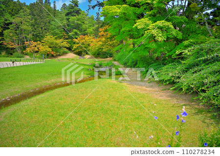 Tohoku, Hiraizumi, Motsuji Pure Land Garden, the only remains from the Heian period, where a large spring draws water into a pond, Hiraizumi Town, Iwate Prefecture (2) Tohoku, Hiraizumi, Motsuji Pure Land Garden, the only remains from the Heian period, where a large spring draws water into a pond, Hiraizumi Town, Iwate Prefecture (2) 110278234