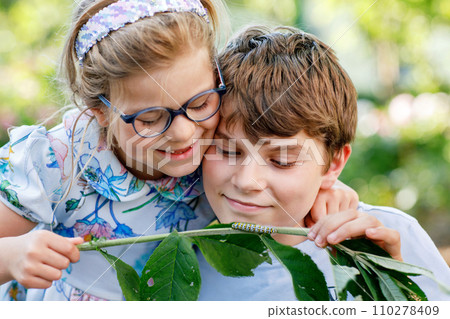 Little preschool girl and school kid boy watch caterpillar climb on plant. Happy excited children, siblings, brother and sister watching and learning insects in domestic garden. 110278409