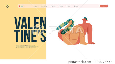 Valentine: Embraced in Harmony - modern flat vector concept illustration of a naked couple intertwined in a serene, floral environment. Metaphor of unity, affection, love, connection, growth 110278638