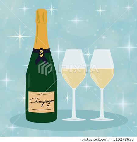 Champagne bottle and glass illustration glitter background Champagne bottle and glass illustration glitter background 110278656