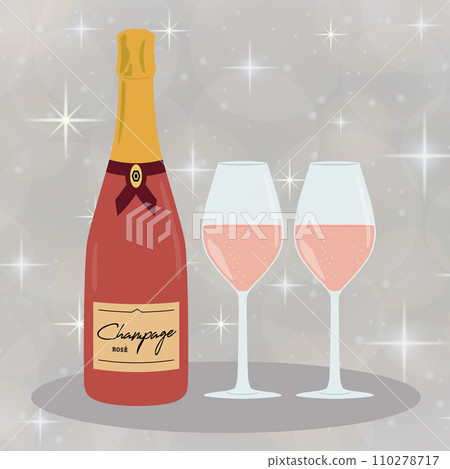 Rosé champagne bottle and glass illustration glitter background Rosé champagne bottle and glass illustration glitter background 110278717