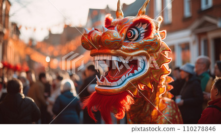 Beautiful decorated dragon performing traditional Chinese New Year dragon dance 110278846