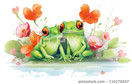 A couple of frogs with flowers for Valentines day greeting card design 110278847