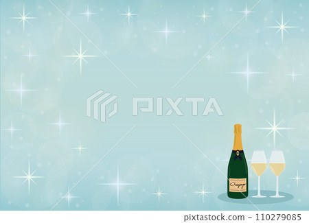 Champagne bottle and glass illustration glitter background Champagne bottle and glass illustration glitter background 110279085