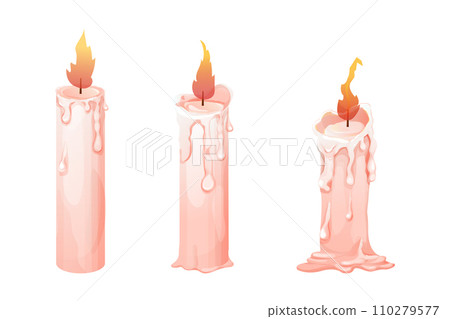 Set wax candle stages burning with fire, flame in cartoon style isolated on white background. Animation objects Set wax candle stages burning with fire, flame in cartoon style isolated on white background. Animation objects 110279577