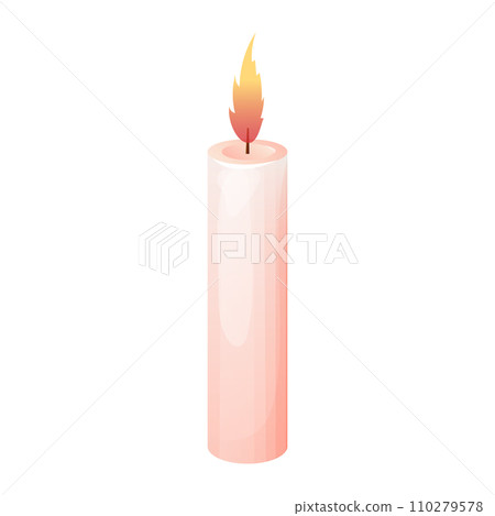 Wax candle with fire, flame in cartoon style isolated on white background. Wax candle with fire, flame in cartoon style isolated on white background. 110279578