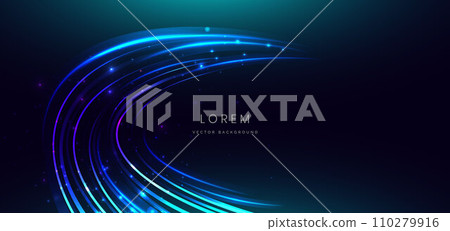 Abstract technology futuristic curved glowing neon blue and pink light lines with speed motion moving on dark blue background. 110279916