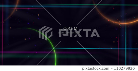 Abstract futuristic gold and green circles neon glowing and light lines effect on dark blue background. Abstract futuristic gold and green circles neon glowing and light lines effect on dark blue background. 110279920