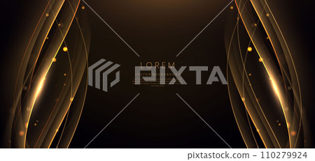 Gold curved ribbon on black background with lighting effect and sparkle with copy space for text. Luxury design style. Gold curved ribbon on black background with lighting effect and sparkle with copy space for text. Luxury design style. 110279924