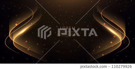 Gold curved on black background with lighting effect and sparkle with copy space for text. 110279926