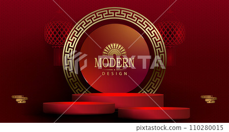 Chinese New Year. Red texture illustration with a stage and a round isolated frame with a pattern Chinese New Year. Red texture illustration with a stage and a round isolated frame with a pattern 110280015