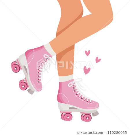 Legs of a girl in retro roller skates and socks. Roller skating woman. Retro illustration in flat style. Vector Legs of a girl in retro roller skates and socks. Roller skating woman. Retro illustration in flat style. Vector 110280035