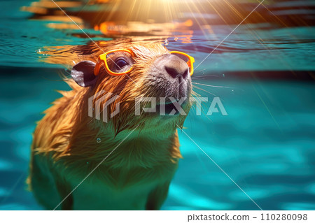 Cute capybara in swimming glasses swims in a pool with turquoise water. Cute capybara in swimming glasses swims in a pool with turquoise water. 110280098