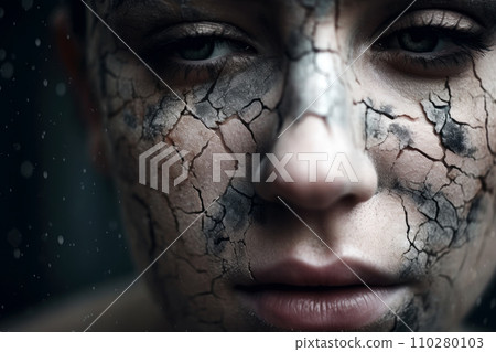 Close-up of the face of a young sad girl with cracked and dirty skin. The girl sighs and holds back tears. Generated by AI. 110280103