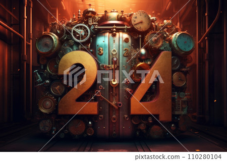 Digital illustration in steampunk style with figures of the new year 2024. Generated by AI. 110280104