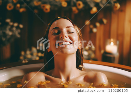 Happy young woman after spa treatments takes a bath with flower petals. Generated by AI. 110280105